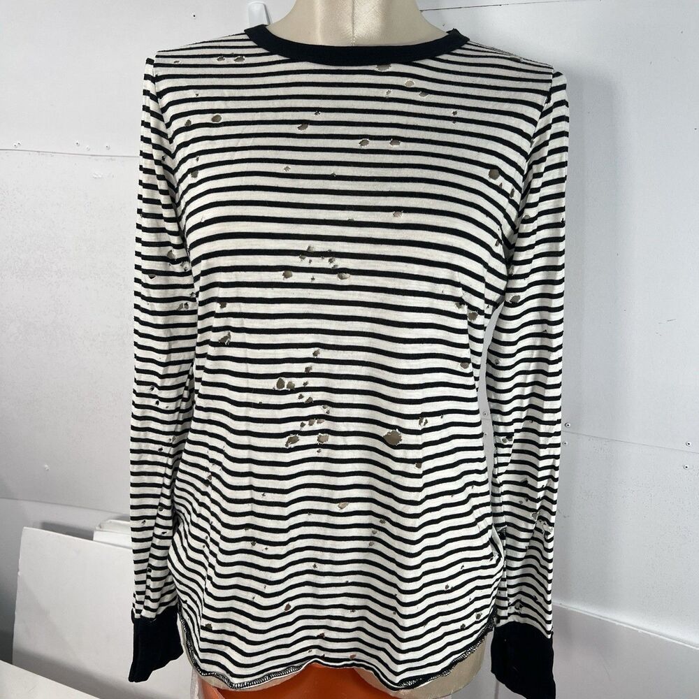 Michael Lauren long sleeve top M destroyed striped Knit black beige grunge layer